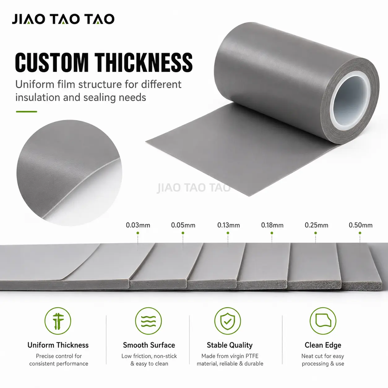 Virgin PTFE film used in industrial insulation, chemical-resistant parts, and custom die-cut applications.